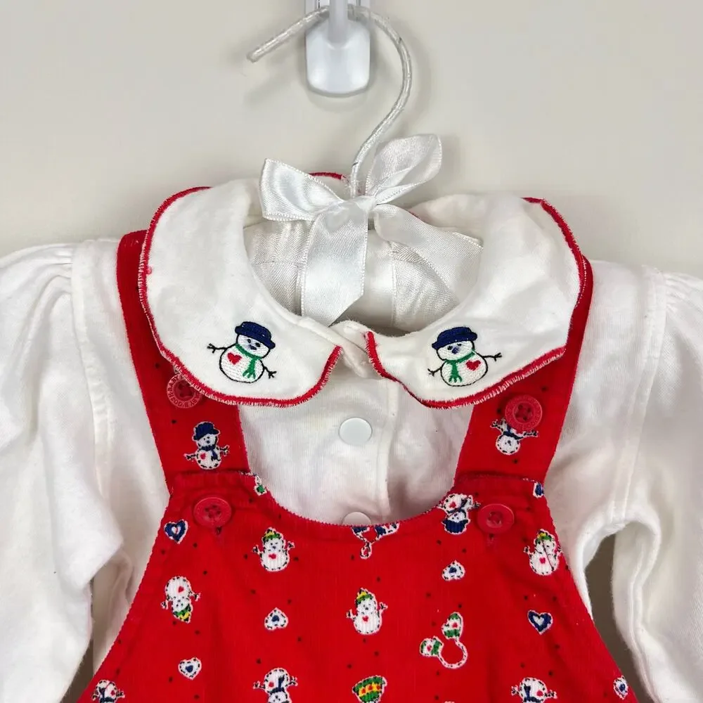 Vintage OshKosh B'gosh Red Snowman Overalls Set 3-6 Months